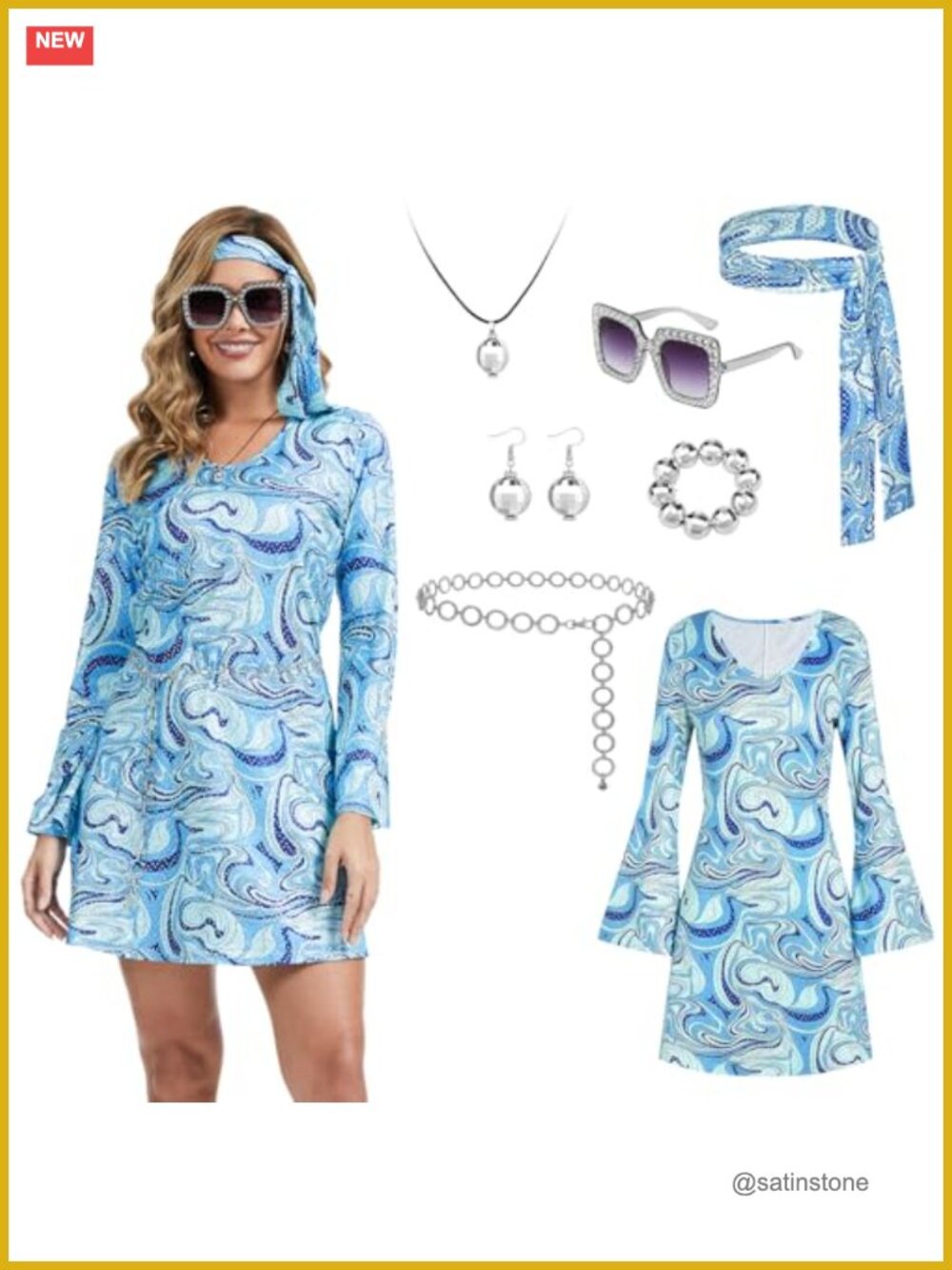 70s Disco Hippie Costume Mini Dress 7-Piece Set with Waist Chain